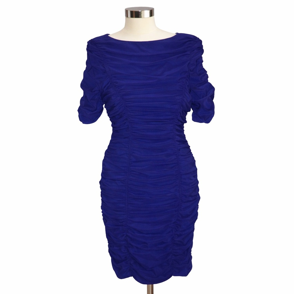 Taylor NWT Royal Blue Ruched Sheath Dress Mesh Bodycon Cocktail Size 4